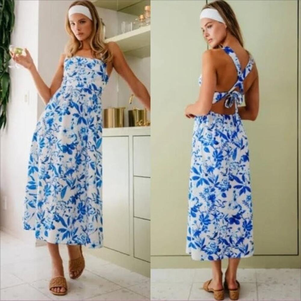 Skatie Venice Heidi Midi Dress Womans Wisteria Blue Floral Open Tie Back Size XS